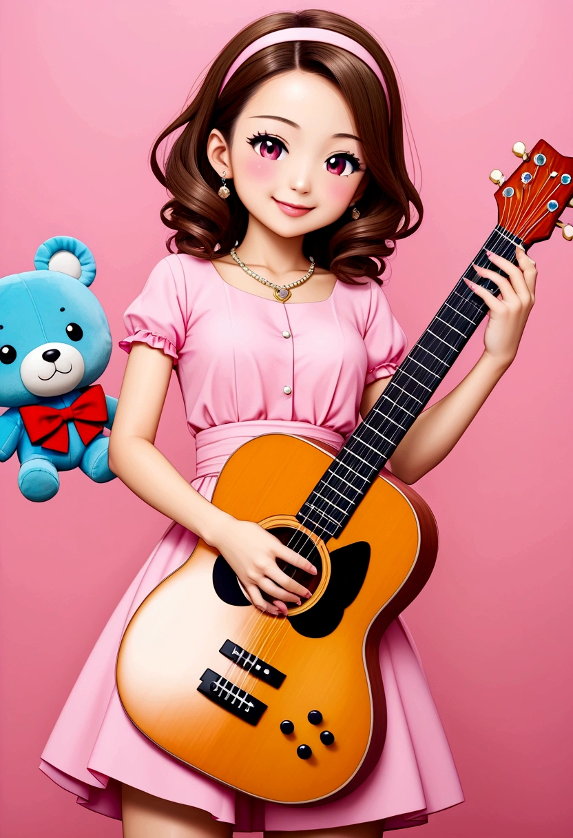 One 、3 、guitar、Pink Dress、cute金髪、infant、Kids Room、toy、stuffed toy、Pink Background、教育、Anime for children、cute３歳児がguitarを弾きながら歌っている