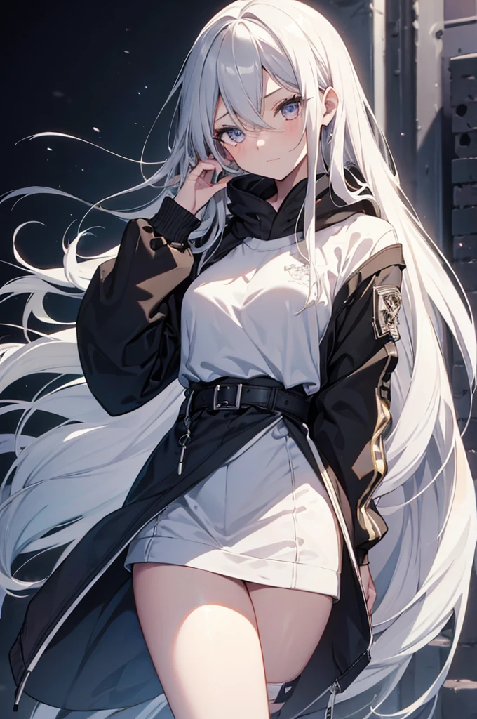 1girl, {Solitary}, Upper Body ,{{ {Watching at viewer}}}, Arms at your sides, Concept Art, white Background, simple Background, White hair, Silver gradient hair , Composite cloth, Asymmetrical clothes, Virtual YouTuber, best quality, masterpiece, Dynamic Angle, guilty gear, guilty gear, guilty gear, cowboy_shooting, Watching_Back, grab, girl,Miss,woman, young,20 years old, Very long hair, Hair Flip, Silver Hair, Flowing hair, Ahog, giggle, Beautiful and delicate golden eyes, teeth, Moderate_breast, Blonde eyes, White skin, hoodie, Black_shorts, Gray clothes, transparent_Background, Backlighting, absurd, high resolution, Extremely detailed,sweater