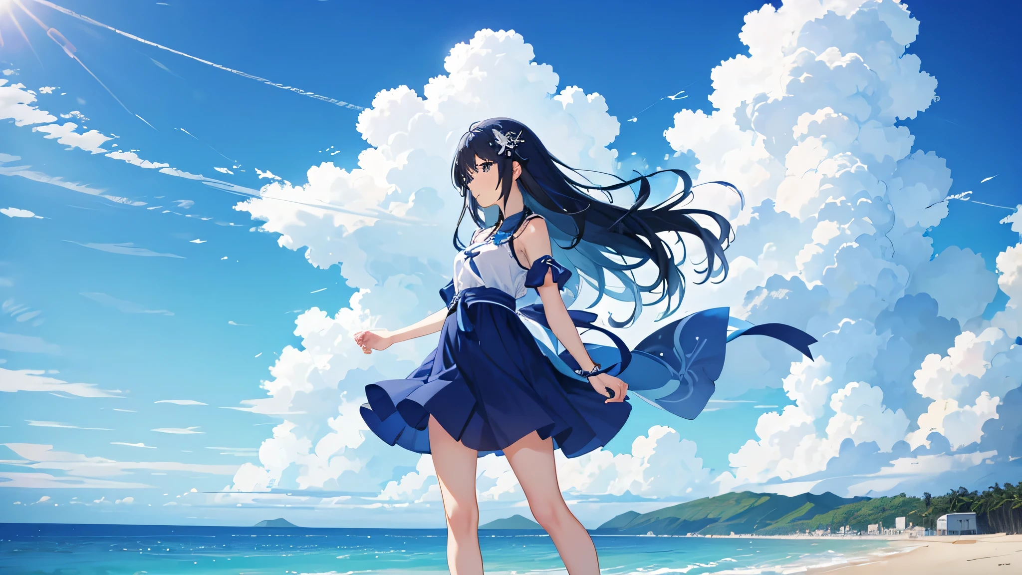 In the beautiful scenery of blue sky and sea、白いドレスを着たgirlが立っている。She stands quietly on the beach、I'While stroking my hair, Blowing in the Wind。girl'The expression is calm.、Smile。Her white dress gives a neat and elegant impression..、It depicts fluttering in the wind。The blue sky is beautiful、The ocean waves are rolling quietly、In the distance, I can see the horizon。The background is the coast and sandy beach、Seabirds and shells are sometimes depicted..、Expressing the calm atmosphere of the sea。girl and the background are in harmony、Create illustrations that evoke a sense of quiet happiness.。