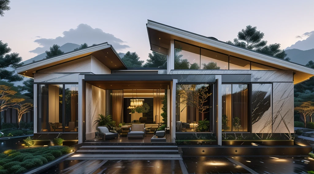 3D render of a beautiful house, Dark, gray tones, white wall. lumion render, night time render, insanely detailed rendering, realistic architecture, architectural visualization. The staircase leading into the house is tiled with black marble and has bright LED lights. Behind are hills and mountains with clear blue sky. The house with a large porch to sit and drink tea and LED lights, there is a large patio with a waterfall and a pond, pine trees, grass, garden stones, roses, modernism, vivid and detailed, zen garden, lush garden surroundings, residential design, lush landscaping, dense with greenery, pristine and clean design, clean and pristine design. balcony with green plants. The main door is made of black aluminum and glass reaching up to the ceiling. Looking through the glass windows to look inside the house with luxurious interiors with luxurious and warm lights, interior lighting rendering and lighting effects. marble and wood and glass, dark and modern, luxcore render, taken with professional photography techniques, using a wide angle lens with bright natural light and high resolution details, in the style of professional photograph, hyper realistic, highly detailed.