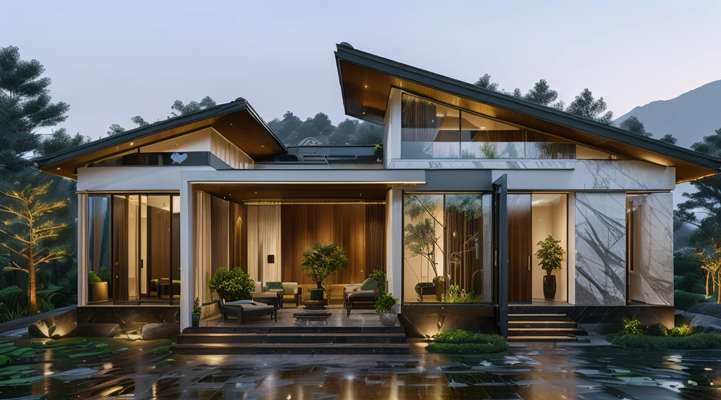 3D render of a beautiful house, Dark, gray tones, white wall. lumion render, night time render, insanely detailed rendering, realistic architecture, architectural visualization. The staircase leading into the house is tiled with black marble and has bright LED lights. Behind are hills and mountains with clear blue sky. The house with a large porch to sit and drink tea and LED lights, there is a large patio with a waterfall and a pond, pine trees, grass, garden stones, roses, modernism, vivid and detailed, zen garden, lush garden surroundings, residential design, lush landscaping, dense with greenery, pristine and clean design, clean and pristine design. balcony with green plants. The main door is made of black aluminum and glass reaching up to the ceiling. Looking through the glass windows to look inside the house with luxurious interiors with luxurious and warm lights, interior lighting rendering and lighting effects. marble and wood and glass, dark and modern, luxcore render, taken with professional photography techniques, using a wide angle lens with bright natural light and high resolution details, in the style of professional photograph, hyper realistic, highly detailed.