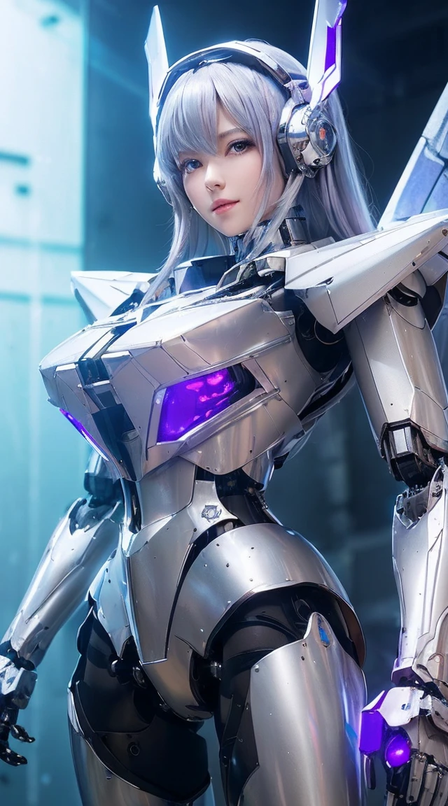 ((Intense action pose:1.6))、((Shining lenses on both breasts:1.3))、((Blue pillars of light are emanating from both chests.:1.3))、smile、((8K)), ((32k)), ((Highest quality)), ((masterpiece)), ((超A high resolution)), ((Tmasterpiece)), ((Halation:1.4))、((Mechaニカルheadgear:1.2))、((Cyber Headphones:1.3))、Fine skin, High quality fabric, Fine metal texture、((Beautiful and dense face))、RAW Photos、Professional, Ultra-fine painting, ((alone)), Beautiful breasts、Highest quality, Very detailed, Very detailed詳細, Finer details, so beautiful, ((Princess Knight Robot:1.2)), (Joints of machines, Mechanical Limbs:1.3), (The internal structure of the machine is exposed:1.3), (Long silver hair:1.1), (Beautiful and huge mechanical breasts)、White Veil, cowboy_shot, Side Focus, headgear, Shiny、(Five Fingers, Four fingers and thumb),Concept Art, Anime fantasy artwork, Detailed fantasy art, (with pale blue-violet hair and large white wings,,,,,,,), (((Long silver hair))), (Mecha:1.6)、Sleek and intimidating design, ((Commander-in-Chief'arm)), (Perfect robot body)、純白と青紫armまたは, Symmetrical wings, 8K high quality, detailed art, 3D rendering of character art in 8K, neat legs, Defined, Defined fingers,