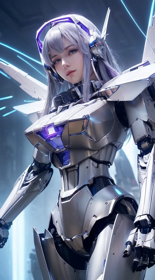 ((Intense action pose:1.6))、((Shining lenses on both breasts:1.3))、((Blue pillars of light are emanating from both chests.:1.3))、smile、((8K)), ((32k)), ((Highest quality)), ((masterpiece)), ((超A high resolution)), ((Tmasterpiece)), ((Halation:1.4))、((Mechaニカルheadgear:1.2))、((Cyber Headphones:1.3))、Fine skin, High quality fabric, Fine metal texture、((Beautiful and dense face))、RAW Photos、Professional, Ultra-fine painting, ((alone)), Beautiful breasts、Highest quality, Very detailed, Very detailed詳細, Finer details, so beautiful, ((Princess Knight Robot:1.2)), (Joints of machines, Mechanical Limbs:1.3), (The internal structure of the machine is exposed:1.3), (Long silver hair:1.1), (Beautiful and huge mechanical breasts)、White Veil, cowboy_shot, Side Focus, headgear, Shiny、(Five Fingers, Four fingers and thumb),Concept Art, Anime fantasy artwork, Detailed fantasy art, (with pale blue-violet hair and large white wings,,,,,,,), (((Long silver hair))), (Mecha:1.6)、Sleek and intimidating design, ((Commander-in-Chief'arm)), (Perfect robot body)、純白と青紫armまたは, Symmetrical wings, 8K high quality, detailed art, 3D rendering of character art in 8K, neat legs, Defined, Defined fingers,