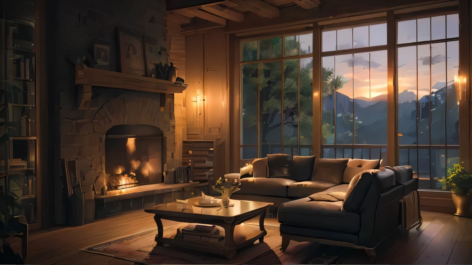 There is a living room with sofa and fireplace, cosy living room background, cosy house background, relaxing concept art, cosy environment, anime background art, warm living room, cosy wallpaper, relaxing environment, cosy Quiet atmosphere, cosy place, indoor background art, warm and beautiful scenery, animated background, animated landscape concept art, cosy living room, cosy atmosphere