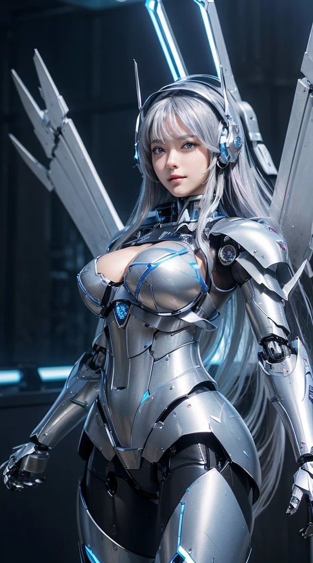 ((Intense action pose:1.6))、((Shining lenses on both breasts:1.3))、((Blue pillars of light are emanating from both chests.:1.3))、smile、((8K)), ((32k)), ((Highest quality)), ((masterpiece)), ((超A high resolution)), ((Tmasterpiece)), ((Halation:1.4))、((Mechaニカルheadgear:1.2))、((Cyber Headphones:1.3))、Fine skin, High quality fabric, Fine metal texture、((Beautiful and dense face))、RAW Photos、Professional, Ultra-fine painting, ((alone)), Beautiful breasts、Highest quality, Very detailed, Very detailed詳細, Finer details, so beautiful, ((Princess Knight Robot:1.2)),  (Joints of machines, Mechanical Limbs:1.3), (The internal structure of the machine is exposed:1.3), (Long silver hair:1.1), (Beautiful and huge mechanical breasts)、White Veil, cowboy_shot, Side Focus, headgear, Shiny、(Five Fingers, Four fingers and thumb),Concept Art, Anime fantasy artwork, Detailed fantasy art, (with pale blue-violet hair and large white wings,,,,,,,), (((Long silver hair))), (Mecha:1.6)、Sleek and intimidating design, ((Commander-in-Chief&#39;arm)), (Perfect robot body)、純白と青紫armまたは, Symmetrical wings, 8K high quality, detailed art, 3D rendering of character art in 8K, neat legs, Defined, Defined fingers,
