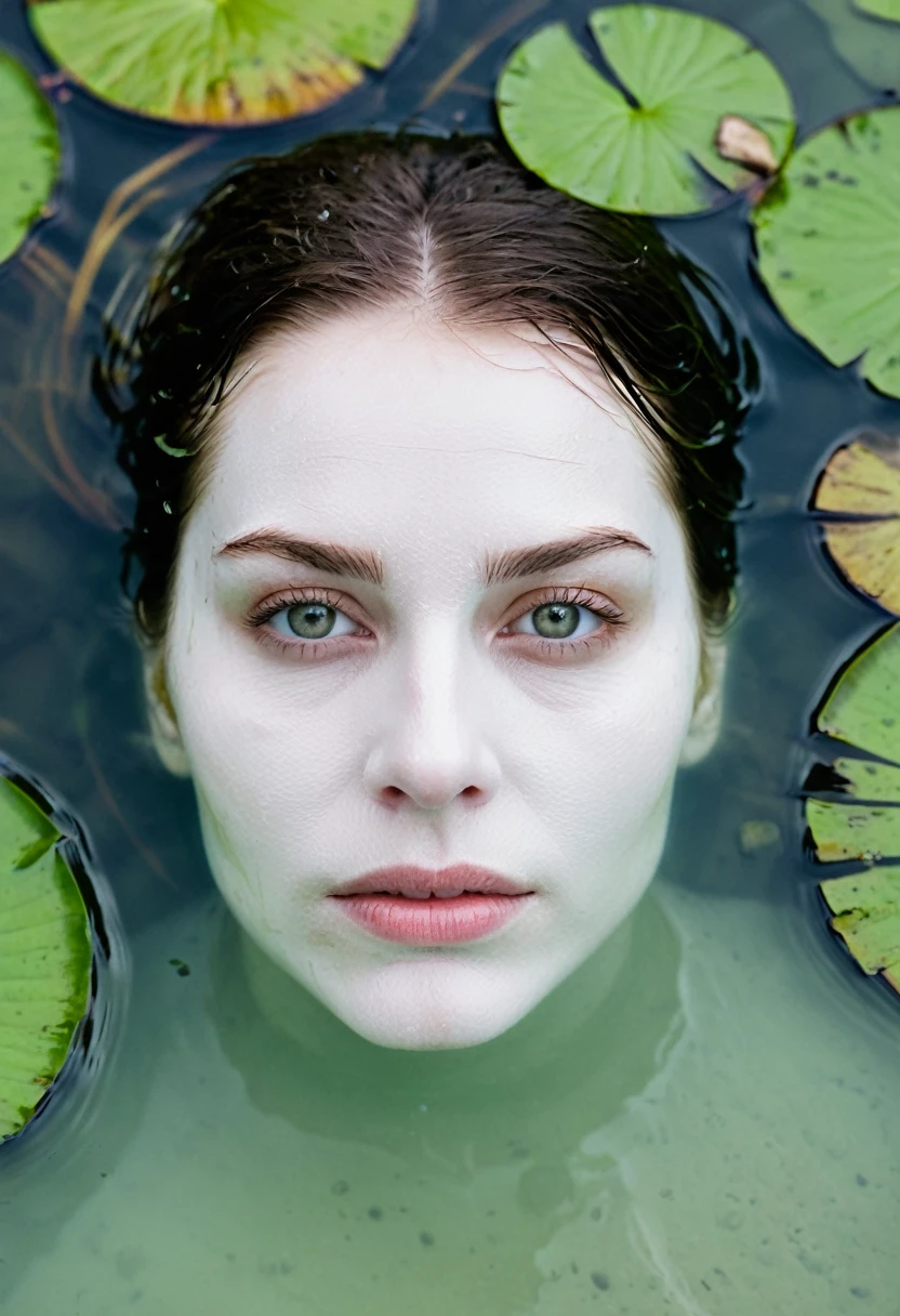 White face of woman half in water, intense stare, swamp, pale face, facefocus, only the face overlapping the water, from above view, creepy.