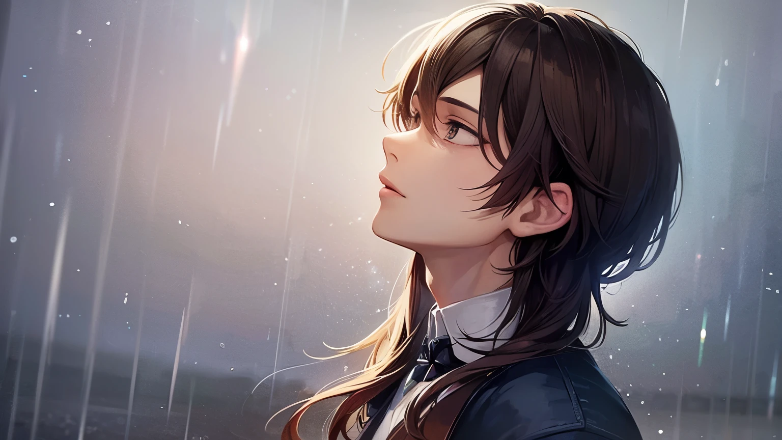 Very high quality: A beautiful young man looking up at the rainy sky