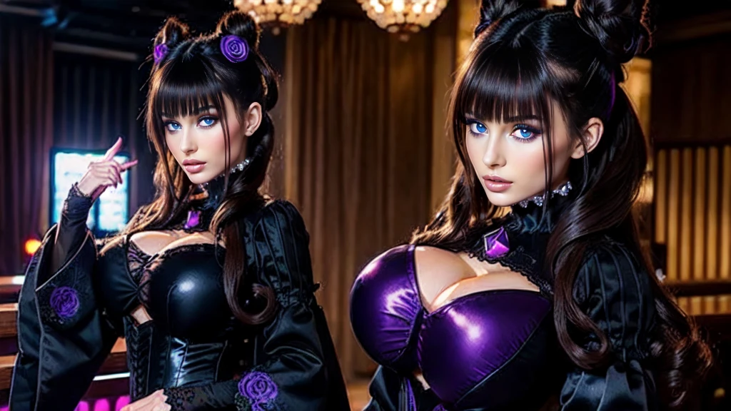 1girl,murasakishikibu, murasaki shikibu, brown hair, (purple eyes:1.1), long hair, big breast, BREAK black dress, dress,, frills, juliet sleeves, long sleeves, puff and slash sleeves, puffy sleeves, purple gemstone, sleeves past wrists, wide sleeves, cone hair bun, double bun, hair bun, hair ornament, long hair, two side up,BREAK (masterpiece:1.2),(beautiful detailed eyes:1.6), extremely detailed face, perfect lighting, extremely detailed CG, (perfect hands, perfect anatomy), standing in a Nightclub stage