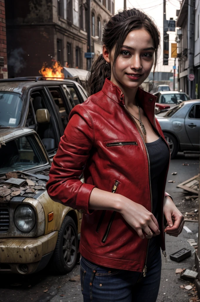 1girl, (realistic),(hyperrealism),(best quality),(masterpiece),(ultra high res),(photorealistic),idol,eye makeup,detailed eyes,detailed face,black dress, claireredfield2, brown hair, (red jacket:1.2), ponytail, (denim pants:1.3),, red wristband,, abandoned street, burning cars in background, littered street, smoke, chaos, zombie apocalypse, daytime, sunny,, flirting, looking at viewer, smiling, closeup shot