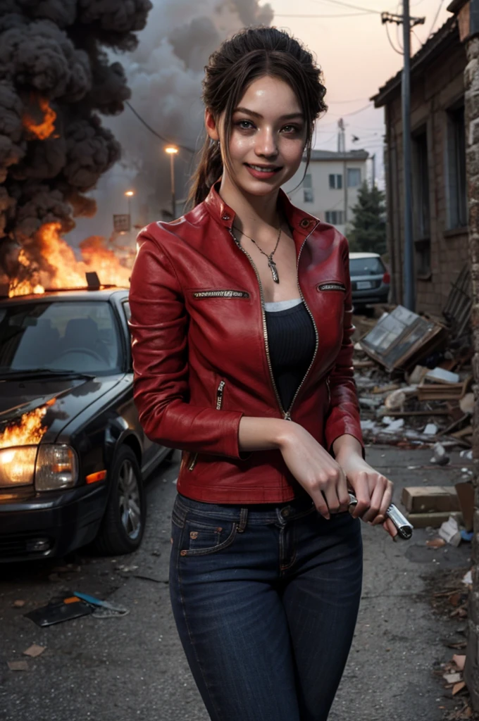 1girl, (realistic),(hyperrealism),(best quality),(masterpiece),(ultra high res),(photorealistic),idol,eye makeup,detailed eyes,detailed face,black dress, claireredfield2, brown hair, (red jacket:1.2), ponytail, (denim pants:1.3),, red wristband,, abandoned street, burning cars in background, littered street, smoke, chaos, zombie apocalypse, daytime, sunny,, flirting, looking at viewer, smiling, closeup shot