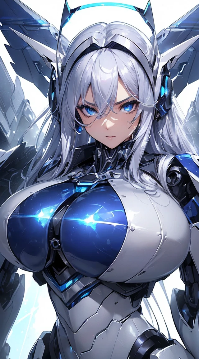 ((Extreme close up:1.6))、(((Lenses shining on both breasts:1.3)))、((Blue pillars of light radiate from both of his chests..:1.3))、break、(((Dynamic pose:1.8)))、smile、((8K)), ((32k)), ((Highest quality)), ((masterpiece)), ((超A high resolution)), ((Tmasterpiece)), ((Halation:1.4))、((Mechaニカルheadgear:1.2))、((Cyber Headphones:1.3))Fine skin, High quality fabric, High-quality metal texture、((Beautiful and dense face))、RAW Photos、Professional, Ultra-fine painting, ((alone)), Beautiful breasts、Highest quality, Very detailed, Very detailed詳細, Finer details, so beautiful, ((Princess Knight Robot:1.2)), (Joint of the machine, Mechanical Limbs:1.3), (The internal structure of the machine is exposed:1.3), (Long silver hair:1.1), (Beautiful and huge mechanical breasts)、White Veil, cowboy_shot, Side Focus, headgear, Shiny、(Five Fingers, Four fingers and thumb),Concept Art, Anime fantasy artwork, Detailed fantasy art, (with pale blue-violet hair and large white wings,,,,,,,,), (((Long silver hair))), (Mecha:1.6)、Sleek and intimidating design, ((Commander-in-Chief'arm)), (Perfect robot body)、純白と青紫のarmまたは, Symmetrical wings, 8K High Resolution, Detailed Art, 3D rendering of character art in 8K, neat legs, Defined, Defined fingers,((headshot:1.3))