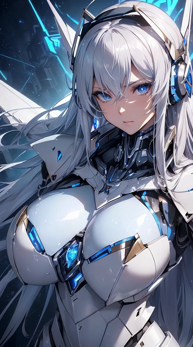((Extreme close up:1.6))、(((Lenses shining on both breasts:1.3)))、((Blue pillars of light radiate from both of his chests..:1.3))、break、(((Dynamic pose:1.8)))、smile、((8K)), ((32k)), ((Highest quality)), ((masterpiece)), ((超A high resolution)), ((Tmasterpiece)), ((Halation:1.4))、((Mechaニカルheadgear:1.2))、((Cyber Headphones:1.3))Fine skin, High quality fabric, High-quality metal texture、((Beautiful and dense face))、RAW Photos、Professional, Ultra-fine painting, ((alone)), Beautiful breasts、Highest quality, Very detailed, Very detailed詳細, Finer details, so beautiful, ((Princess Knight Robot:1.2)), (Joint of the machine, Mechanical Limbs:1.3), (The internal structure of the machine is exposed:1.3), (Long silver hair:1.1), (Beautiful and huge mechanical breasts)、White Veil, cowboy_shot, Side Focus, headgear, Shiny、(Five Fingers, Four fingers and thumb),Concept Art, Anime fantasy artwork, Detailed fantasy art, (with pale blue-violet hair and large white wings,,,,,,,,), (((Long silver hair))), (Mecha:1.6)、Sleek and intimidating design, ((Commander-in-Chief'arm)), (Perfect robot body)、純白と青紫のarmまたは, Symmetrical wings, 8K High Resolution, Detailed Art, 3D rendering of character art in 8K, neat legs, Defined, Defined fingers,((headshot:1.3))