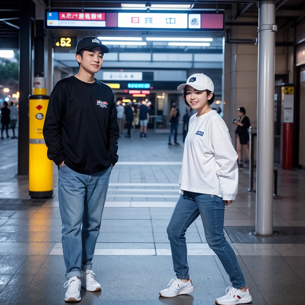 A young Asian man with short hair and an oval face, wearing a baseball cap and white sneakers, stands enjoying the evening scenery at a train station. He is accompanied by a chubby Asian woman wearing a hijab, long-sleeved white couple t-shirt, light blue street jeans, and white sneakers, with her head leaning on the man's shoulder, smiling. The photo is taken from the side, very realistic, captured by a Nikon 5200 camera, in the highest resolution, 8K UHD.