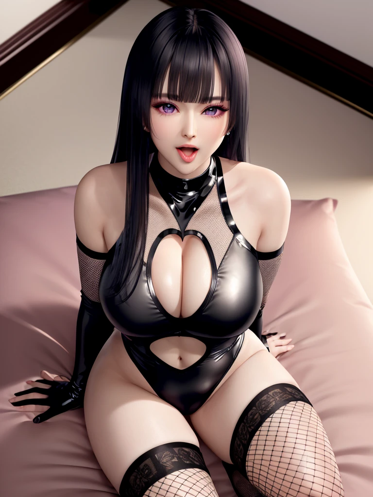 masterpiece, best quality, high quality, perfect anatomy, ultra detailed, perfect design,
BREAK,
mature woman, beautiful detailed face, realistic skin, (shiny glossy skin),
BREAK,
purple eyes, ((realistic eyes)), ultra detailed eyes, beautiful high light eyes, slant eyes, narrow eyes, (small eyes), (((wide set eyes))), eyelash, eyeshadow, double eyelids,
BREAK,
black hair, (long hair), slice cut side hair, thin hair, (blunt bangs), shiny glossy hair,
BREAK,
(evil smile), open mouth, ((tongue out)), (nose blush), pink lips,
BREAK,
((black elbow gloves)), (((fishnet tights))), (((black crop top leotard))), intense and extreme latex reflective, open navel, (((cleavage cutout of heart))), (puff sleeve), (((huge breasts))), (erection of nip-ples), (((wedgie))), black long boots, (camel-toe),
BREAK,
(((sitting on the bed))), ((putting hands between legs)), (((leaning forward))), (spread legs), from above, looking up, (focus face).
BREAK,
(luxury hotel room, pink bed), top light, warm light