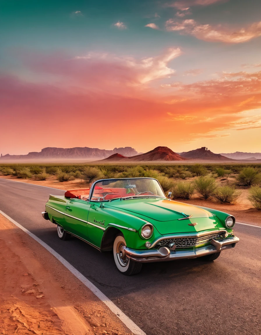 In the desert,A road winding into the distance,Summer,very hot,Summer炎炎,Orange desert red sky,A green vintage convertible is parked in the middle of the road