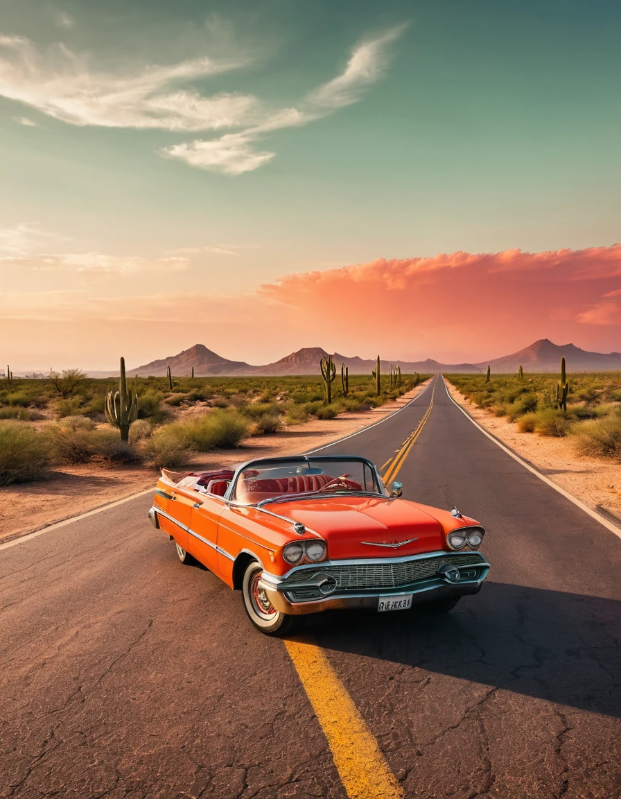 In the desert，A road winding into the distance，Summer，very hot，Summer炎炎，Orange desert red sky，A green vintage convertible is parked in the middle of the road