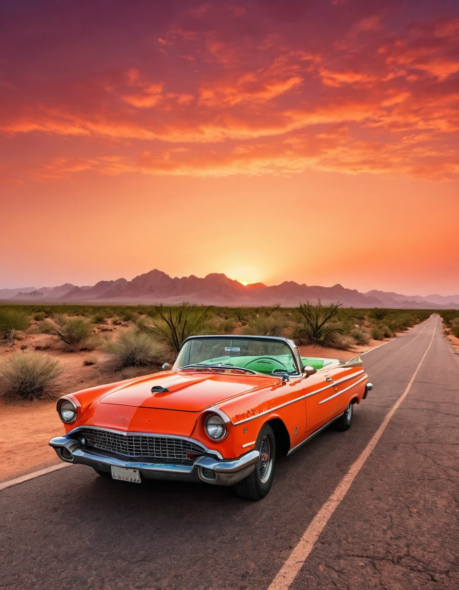 In the desert，A road winding into the distance，Summer，very hot，Summer炎炎，Orange desert red sky，A green vintage convertible is parked in the middle of the road