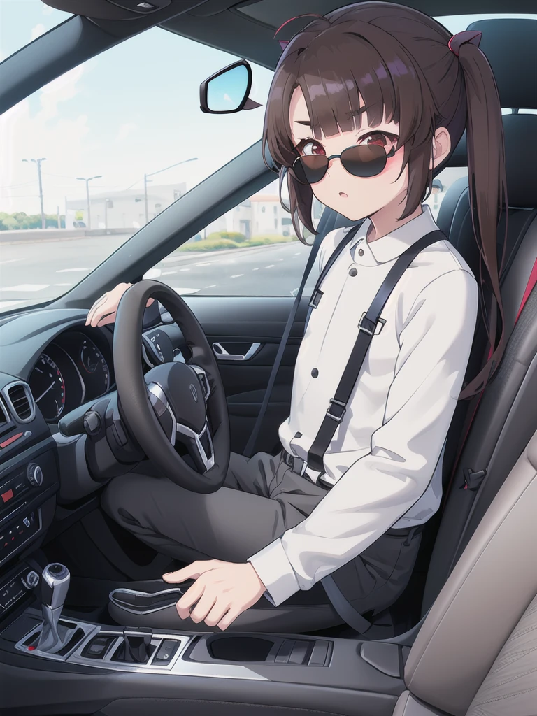 In the car,Convertible,Sitting,((Behind the wheel of a car)),Looking Ahead,driving,1 Girl, 独奏, Red eyes,((Wearing black sunglasses)),, Twin tails, brown hair,crawling,((顔 focus)),upper body,White long sleeve shirt,Grey slacks, bangs, eyebrows visible through hair, Flat Chest, 