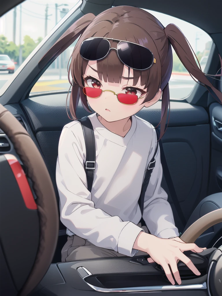 In the car,Convertible,Sitting,((Behind the wheel of a car)),Looking Ahead,driving,1 Girl, 独奏, Red eyes,((Wearing black sunglasses)),, Twin tails, brown hair,crawling,((顔 focus)),upper body,White long sleeve shirt,Grey slacks, bangs, eyebrows visible through hair, Flat Chest,