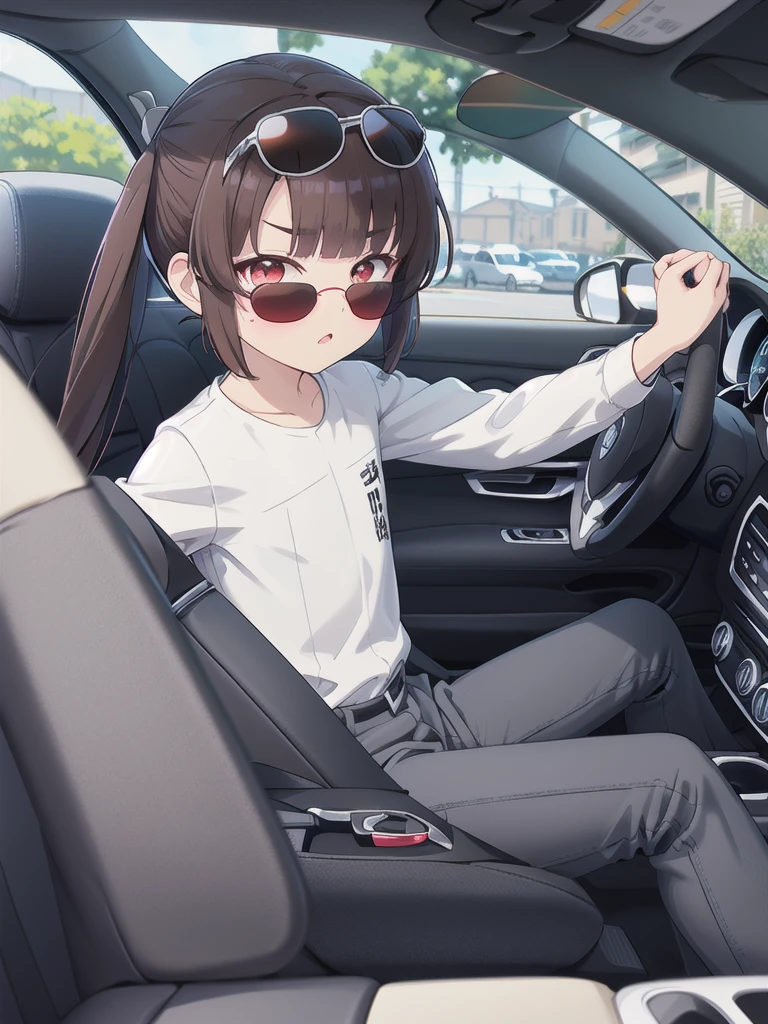 In the car,Convertible,Sitting,((Behind the wheel of a car)),Looking Ahead,driving,1 Girl, 独奏, Red eyes,((Wearing black sunglasses)),, Twin tails, brown hair,crawling,((顔 focus)),upper body,White long sleeve shirt,Grey slacks, bangs, eyebrows visible through hair, Flat Chest, 