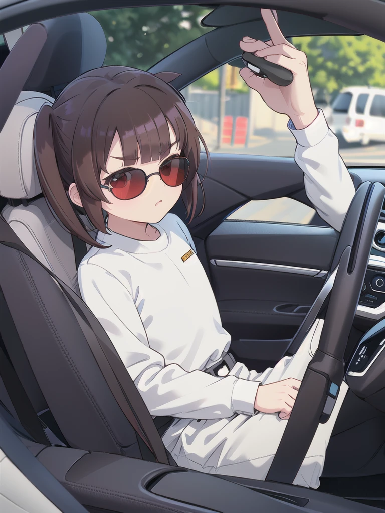 In the car,Convertible,Sitting,((Behind the wheel of a car)),Looking Ahead,driving,1 Girl, 独奏, Red eyes,((Wearing black sunglasses)),, Twin tails, brown hair,crawling,((顔 focus)),upper body,White long sleeve shirt,Grey slacks, bangs, eyebrows visible through hair, Flat Chest,