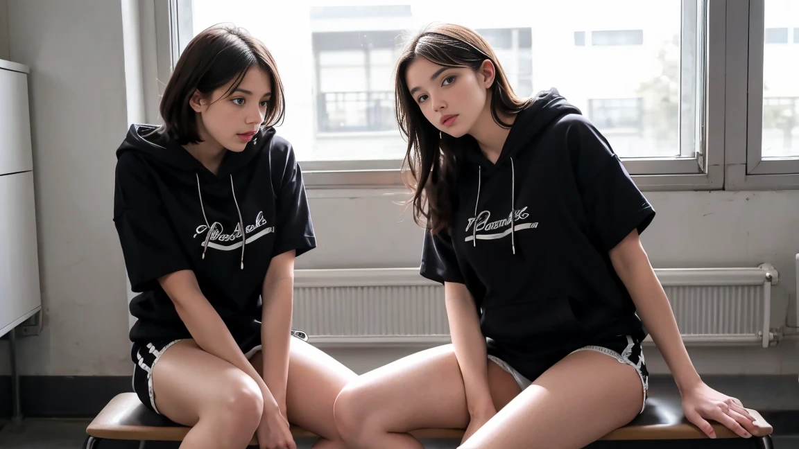 deux femmes ensemble de 18 ans sexy et mince , black short sleeve hoodie , salle de classe, se touche,position sey,sensuel