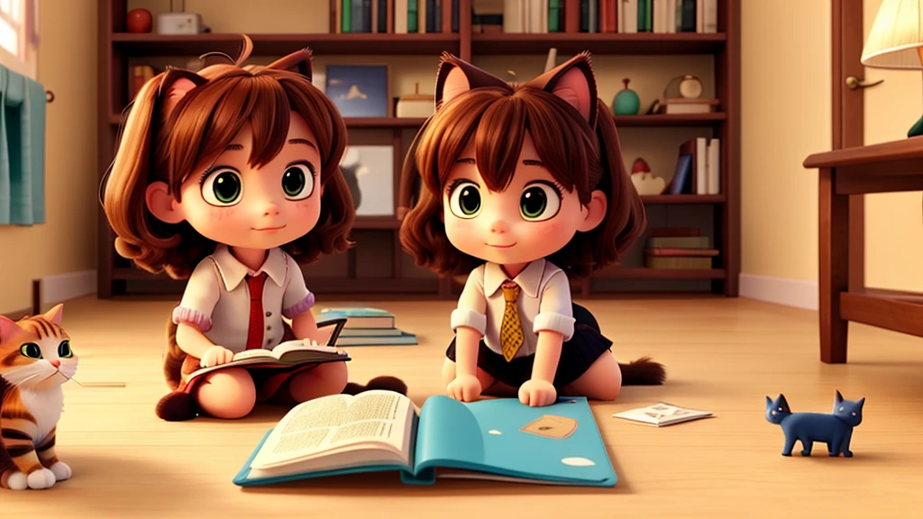 A little girl and a cat reading a book