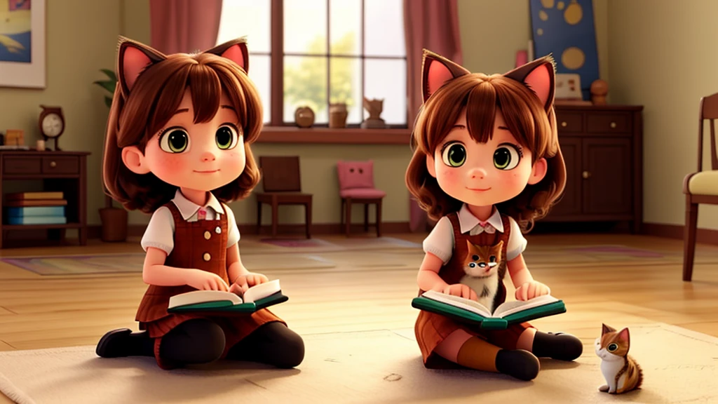 A little girl and a cat reading a book