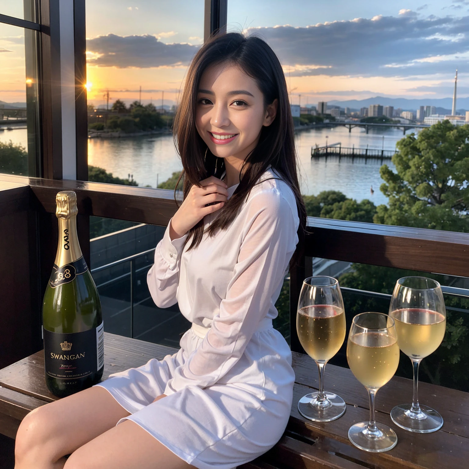 ((Highest quality、8K、masterpiece:1.3))、1 male 1 female、Rei Dan、 years old、Pink Couple、smile、 (Slim face), (the body is スリム), (Brown Hair), (Shortcuts), テーブルのフルコースディナーとwine glass、Amazing view of the sunset sky and clouds、smileの美しさ、Wine bottle、sparkling wine、Long sleeve shirt、dress、White wine, red wine, wine glass,