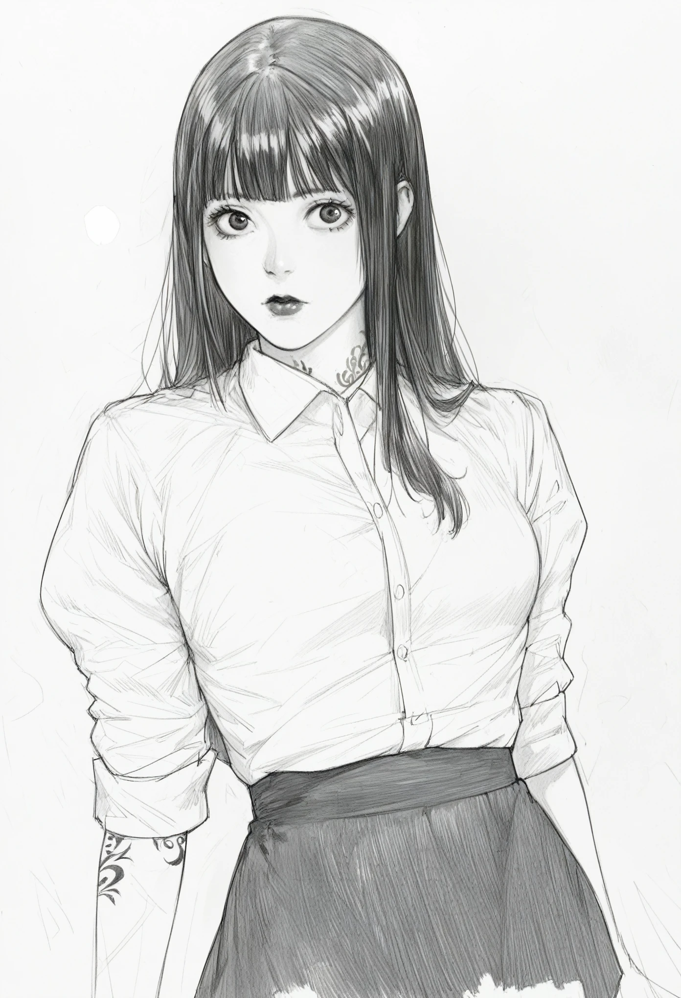 score_9, score_8_up, score_7_up, score_6_up, score_5_up, score_4_up, BREAKsketch, shinji_chibana_artstyle, traditional pencil style, pencil drawing, monochrome, detailed background, detailed background, Asian, white shirt, black skirt, rolled up sleeves, sunny, lovely, hime cut hair, curious face, black lips, black eyes, tattoos
