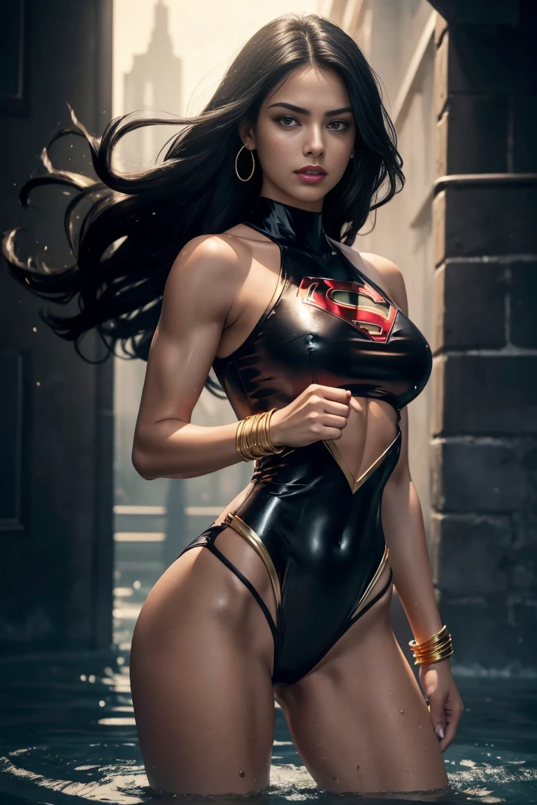 Full body shot seen from behind Sexy , superheroine Supergirl long shaggy wet black hair falling on her long black shoulders, glowing black, eyes red lips muscular body large breast wears a semi-translucent black shiny elastic one-piece bathing suit, plunging sleeveless top gold shoulder pads gold bracelets revealing abs midriff a Z symbol on her chest portrait photography by artgerm, in the style of realism, glistening skin, cartooncore, mangacore, natural lighting, Defined full lips. Muscular fitness feminine body