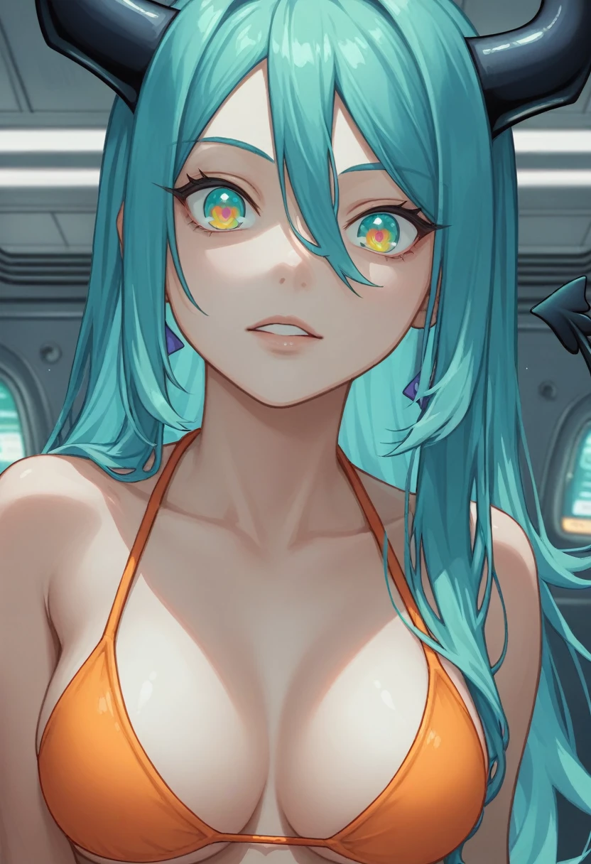 score_9, score_8_up, score_7_up,1 daemon woman, black  demon horns, black demon tail, (aquamarine hair),aquamarine green color hair,ahoge, long hair, (long hair),bangs, light orange bikini, bikini is orange, bikini orange, orange bikini!, (aquamarine eyes), background is spaceship, aquamarine eyes, 1woman ,facing viewer, daemon girl,  close up,Well-endowed, alone, Spacecraft interior