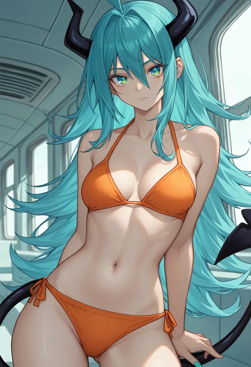 score_9, score_8_up, score_7_up,1 daemon woman, black  demon horns, black demon tail, (aquamarine hair),aquamarine green color hair,ahoge, long hair, (long hair),bangs, light orange bikini, bikini is orange, bikini orange, orange bikini!, (aquamarine eyes), background is spaceship, aquamarine eyes, 1woman ,facing viewer, daemon girl,  close up,Well-endowed, alone, Spacecraft interior