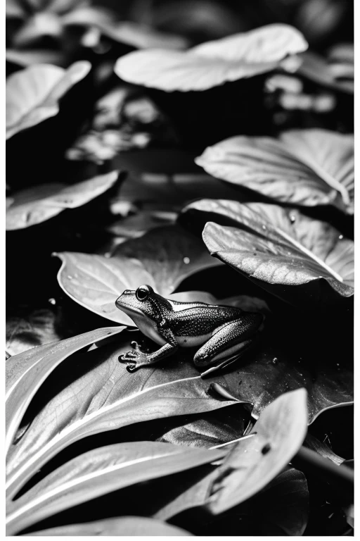Scenery of a frog beside a skunk cabbage　Monochrome images