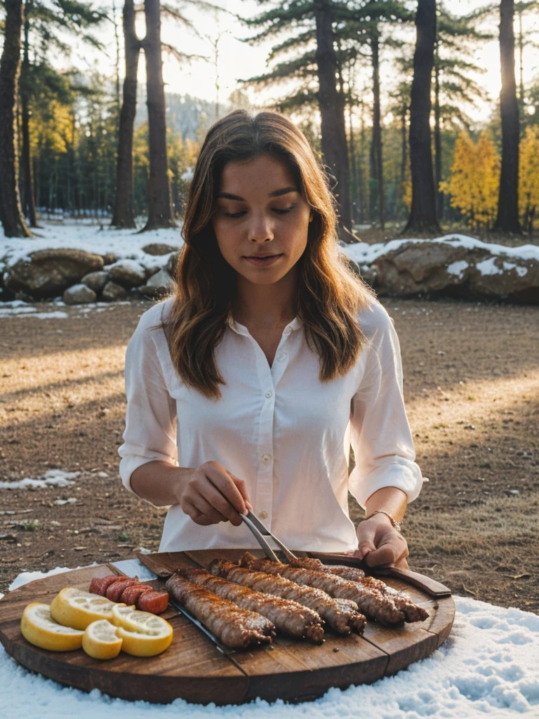 a beautiful woman wearing a white shirt, outdoor cooking meats, camping, bbq, forest, on snow seasons, next to river, (best quality,4k,8k,highres,masterpiece:1.2),ultra-detailed,(realistic,photorealistic,photo-realistic:1.37),serene,peaceful,warm lighting,natural colors,soft shadows,depth of field,cinematic composition
