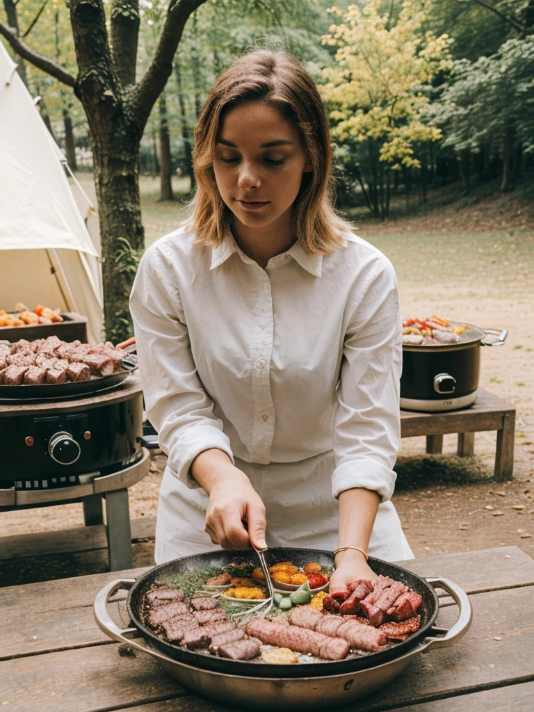 a beautiful woman wearing a white shirt, outdoor cooking meats, camping, bbq, forest, on snow seasons, next to river, (best quality,4k,8k,highres,masterpiece:1.2),ultra-detailed,(realistic,photorealistic,photo-realistic:1.37),serene,peaceful,warm lighting,natural colors,soft shadows,depth of field,cinematic composition