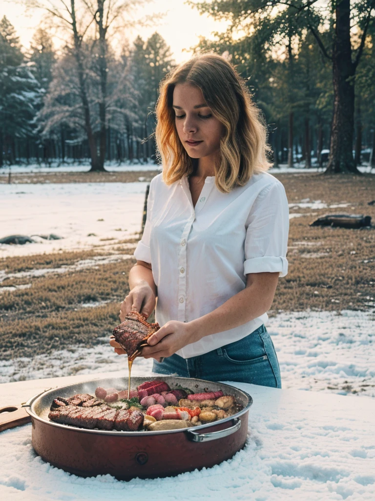 a beautiful woman wearing a white shirt, outdoor cooking meats, camping, bbq, forest, on snow seasons, next to river, (best quality,4k,8k,highres,masterpiece:1.2),ultra-detailed,(realistic,photorealistic,photo-realistic:1.37),serene,peaceful,warm lighting,natural colors,soft shadows,depth of field,cinematic composition