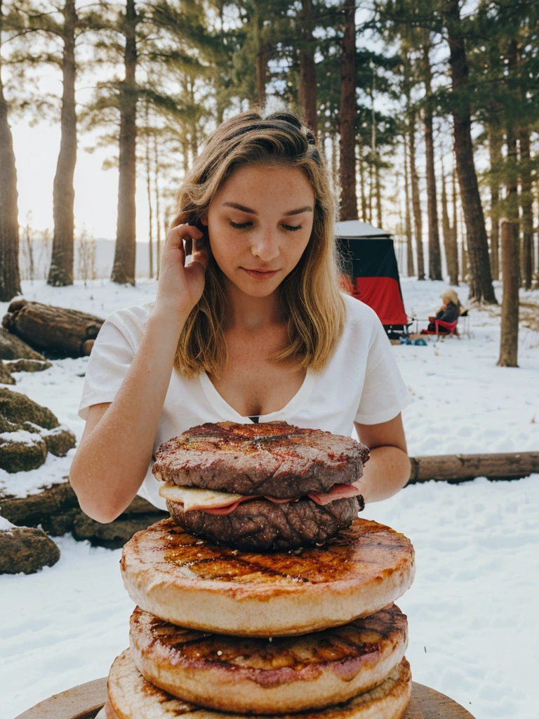 a beautiful woman wearing a white shirt, outdoor cooking meats, camping, bbq, forest, on snow seasons, next to river, (best quality,4k,8k,highres,masterpiece:1.2),ultra-detailed,(realistic,photorealistic,photo-realistic:1.37),serene,peaceful,warm lighting,natural colors,soft shadows,depth of field,cinematic composition