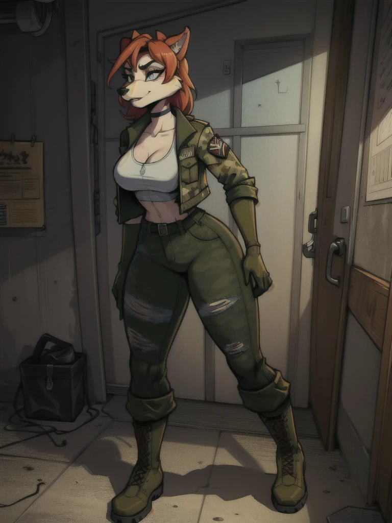 a young furry woman anthro fox in a camouflage jacket, tactical gloves, camouflage pants, army boots, furry, highly detailed face, beautiful detailed eyes, beautiful detailed lips, extremely detailed eyes and face, long eyelashes, photorealistic, 8k, hyperdetailed, cinematic lighting, dramatic shadows, vibrant colors, gritty military aesthetic, weathered look, grunge, moody atmosphere