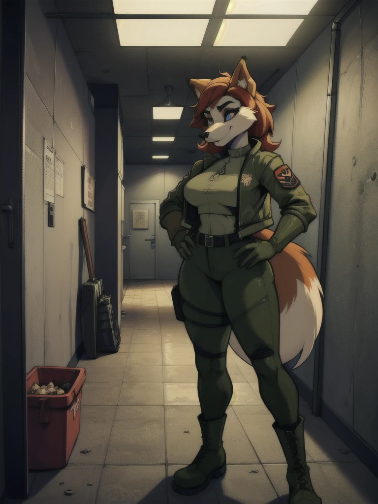 a young furry woman anthro fox in a camouflage jacket, tactical gloves, camouflage pants, army boots, furry, highly detailed face, beautiful detailed eyes, beautiful detailed lips, extremely detailed eyes and face, long eyelashes, photorealistic, 8k, hyperdetailed, cinematic lighting, dramatic shadows, vibrant colors, gritty military aesthetic, weathered look, grunge, moody atmosphere