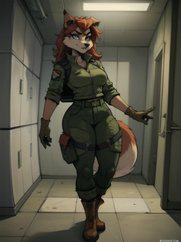 a young furry woman anthro fox in a camouflage jacket, tactical gloves, camouflage pants, army boots, furry, highly detailed face, beautiful detailed eyes, beautiful detailed lips, extremely detailed eyes and face, long eyelashes, photorealistic, 8k, hyperdetailed, cinematic lighting, dramatic shadows, vibrant colors, gritty military aesthetic, weathered look, grunge, moody atmosphere