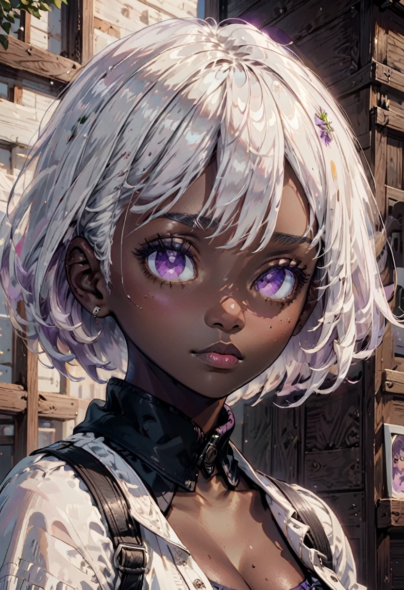 masterpiece, best quality, official art, extremely detailed 8k, highly detailed, illustration,white hair, girl with black skin, short white hair, lilac eyes, freckles on her face, and a , had a tomboy style, LILAC EYES.