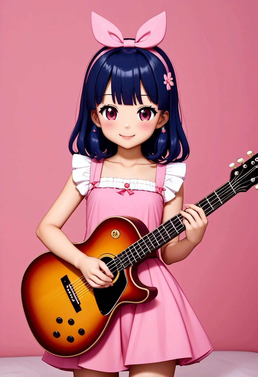 One 、3 year old、guitar、Pink Dress、cute金髪、infant、Kids Room、toy、stuffed toy、Pink Background、infant教育、Anime for children、cute３歳児がguitarを弾きながら歌っている、３頭身の