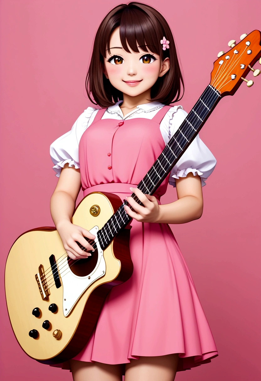 One 、3 year old、guitar、Pink Dress、cute金髪、infant、Kids Room、toy、stuffed toy、Pink Background、infant教育、Anime for children、cute3歳児がguitarを弾きながら歌っている、3頭身の