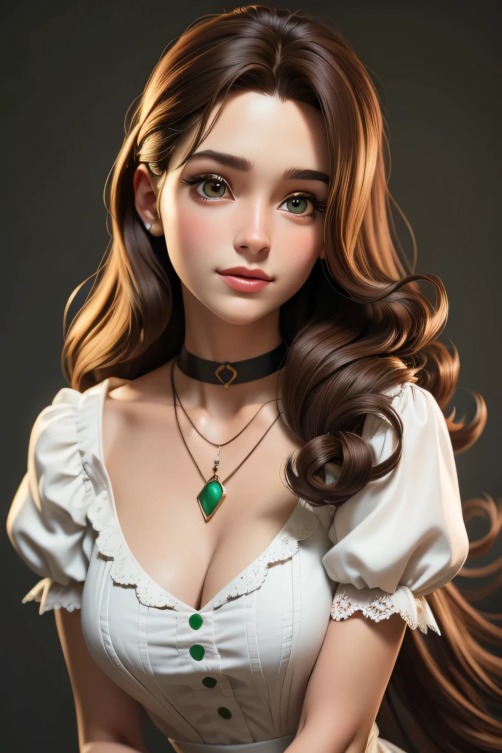 masterpiece, best quality,3d rending work ,3DMM style,close-up,portrait, 3D,1girl, solo, brown hair, string necklace, looking to the side, realistic, upper body, simple background, bangs, looking away, long black hair, parted lips, choker, makeup, long brown curly hair, green eyes, white dress, cleavage, aerith gainsborough, aerith