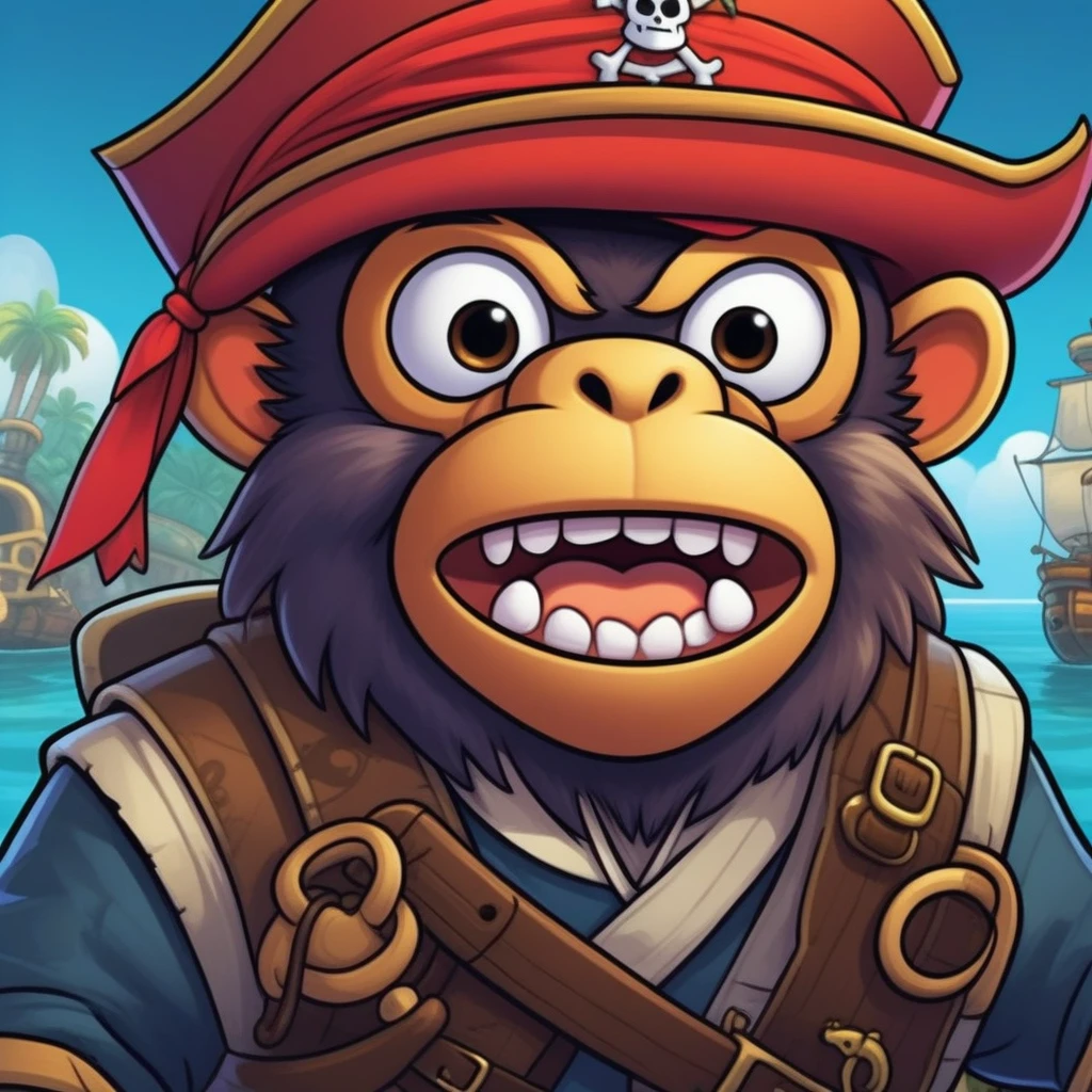 pirate monkey closed up face , mobile game art, banner, detailed game art, stylized game art, game illustration, splash screen art, full card design, wallpaper!, extended art, adtime style art, saturated colorful