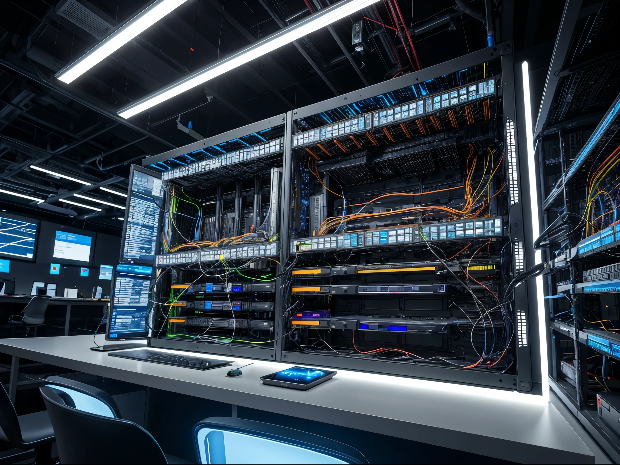 science fiction theme, a big glowing magical stone intricately connected to advanced standing panel, computer racks in millions of wires, servers rack, tech lab,