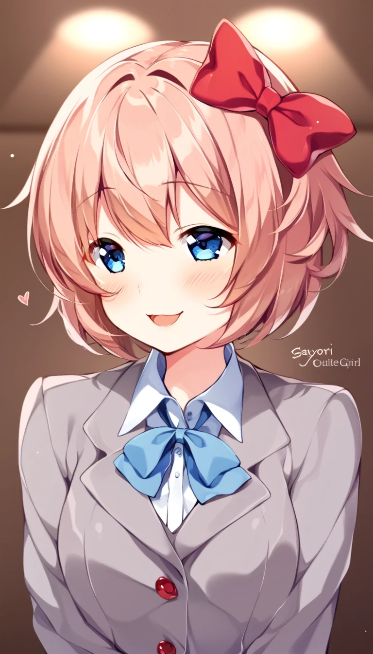 one girl, lovely, boyish, blazer, hair bow, Sayori, my childhood friend, cute, short hair, blush, light blue eyes, cheerful girl, love me, careless girl, laugh cutely, my best friend