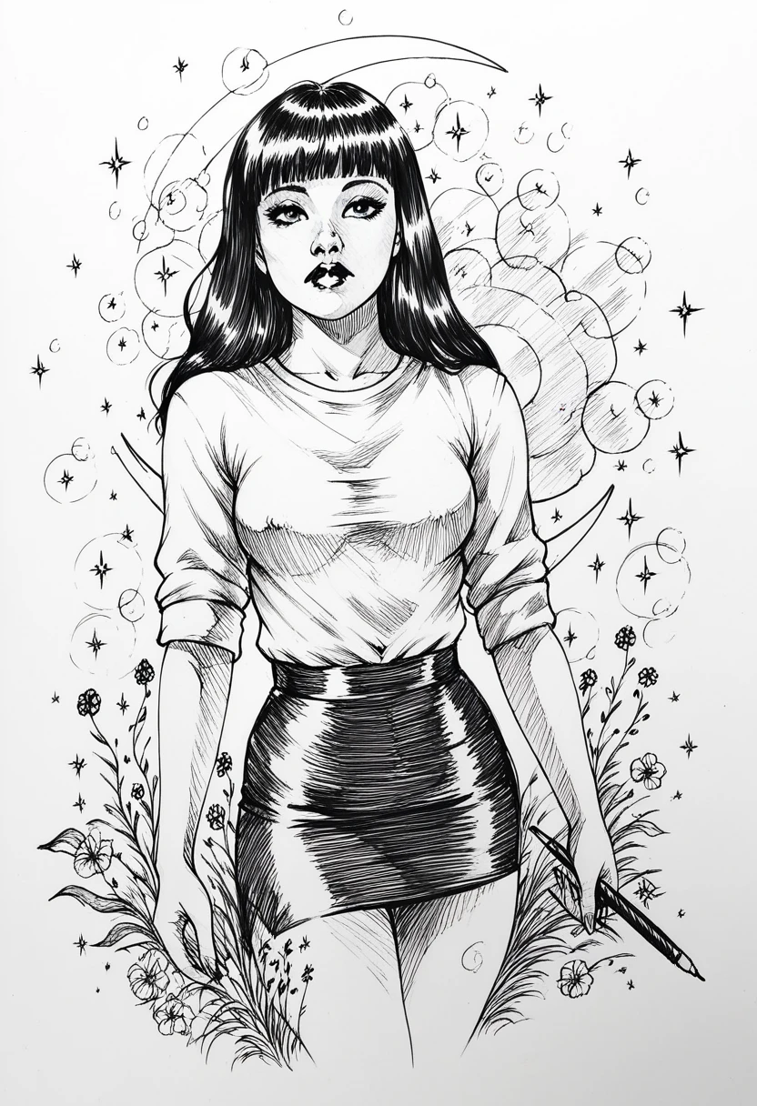 score_9, score_8_up, score_7_up, score_6_up, score_5_up, score_4_up, BREAK sketch, (Pencil_Sketch:1.2, messy lines, greyscale, traditional media, sketch), unfinished, hatching (texture), monochrome, sp1t, detailed background, detailed background, Asian, white shirt, black skirt, rolled up sleeves, sunny, lovely, hime cut hair, curious face, black lips, black eyes, tattoos