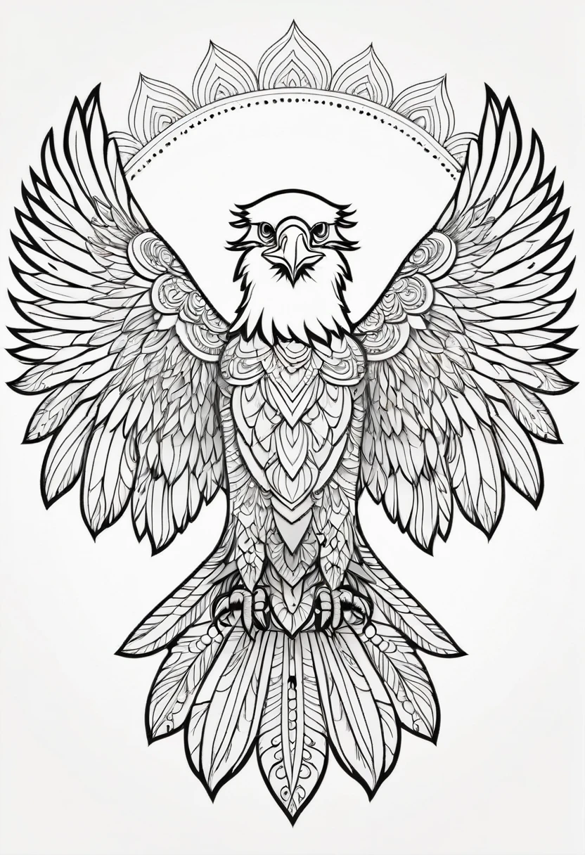 happy white and black eagle, Simplified Mandala style, outline, vector, white background